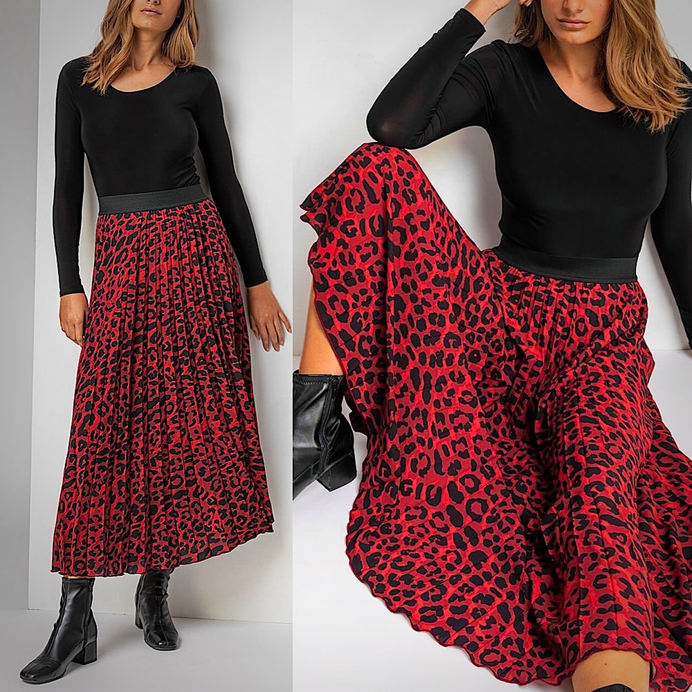 Satin Animal Print Pleated Midi Skirt